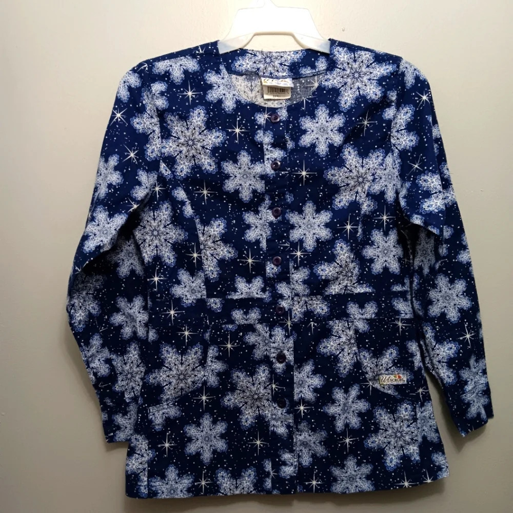 UA scrubs women's scrub top long sleeve button down blue and white